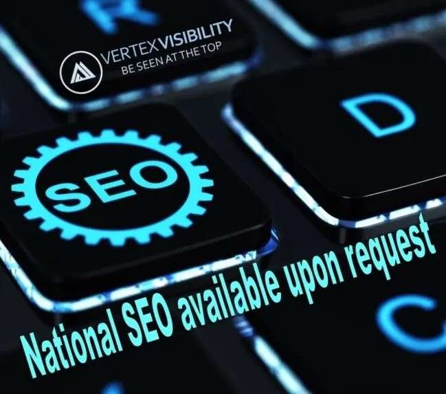 Search engine optimization - graphic that shows keyboard with one key saying "SEO" and explaining that national SEO is available upon request