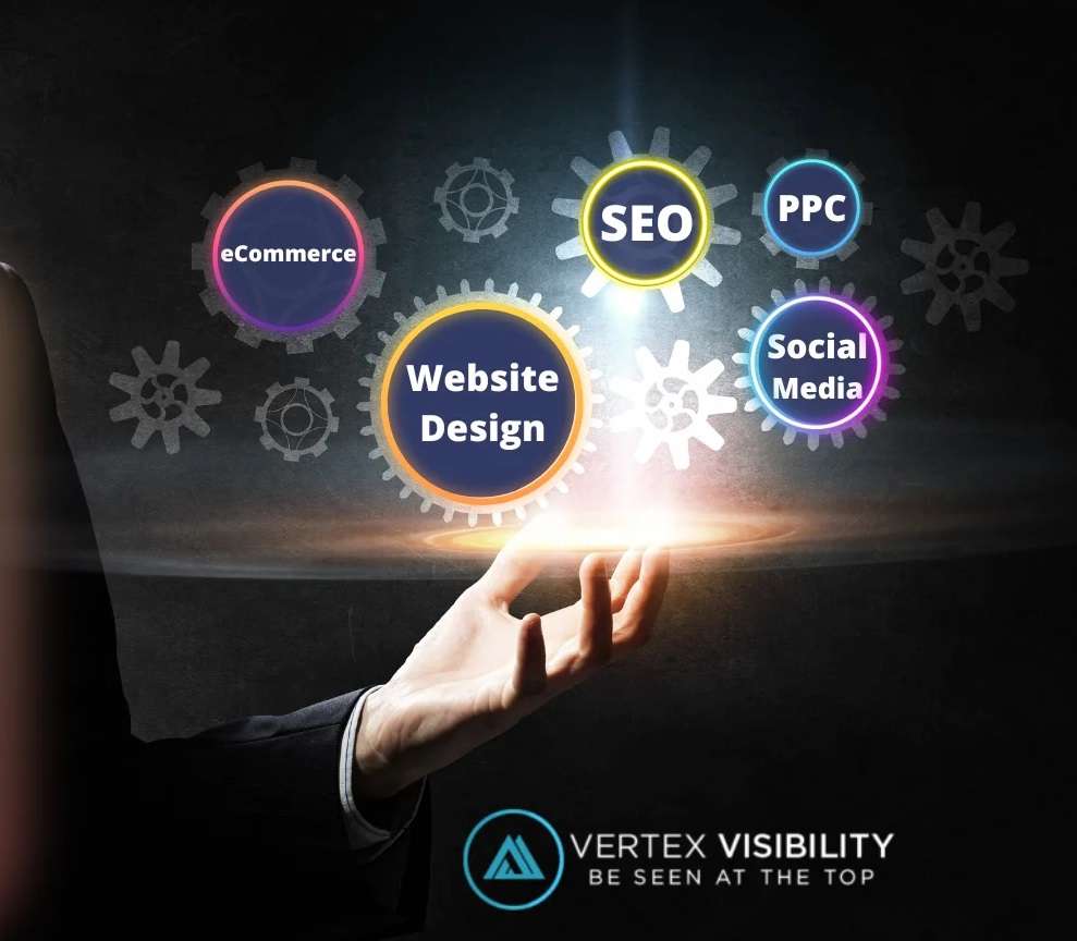 Website Design - Man holding hand out with bubbles that show website design