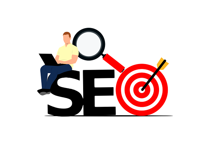 SEO Services Las Vegas - Cartoon image of a man sitting on top of the letters SEO. The O is a target with an arrow in it.